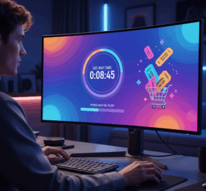 Usuario frente a pantalla con cola virtual de compra de entradas