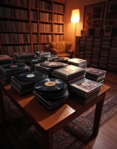 Vinilos y cassettes de los años 80 y 90 en una habitación iluminada cálidamente