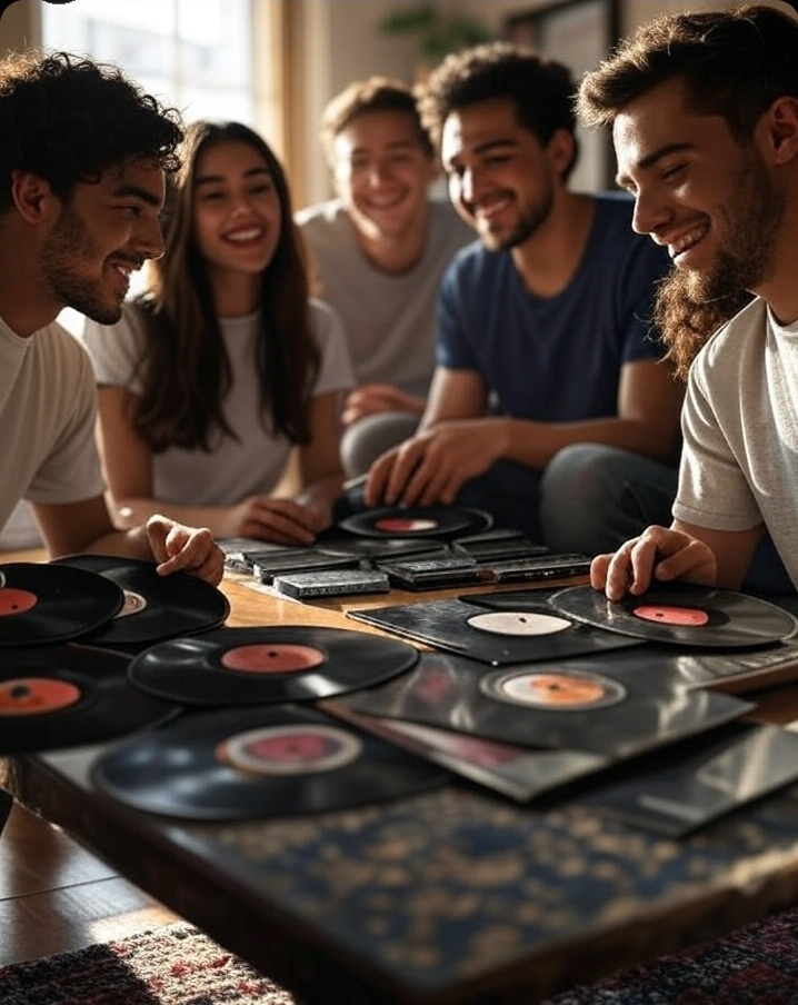 Jóvenes y adultos disfrutando de vinilos y cassettes clásicos en una reunión musical