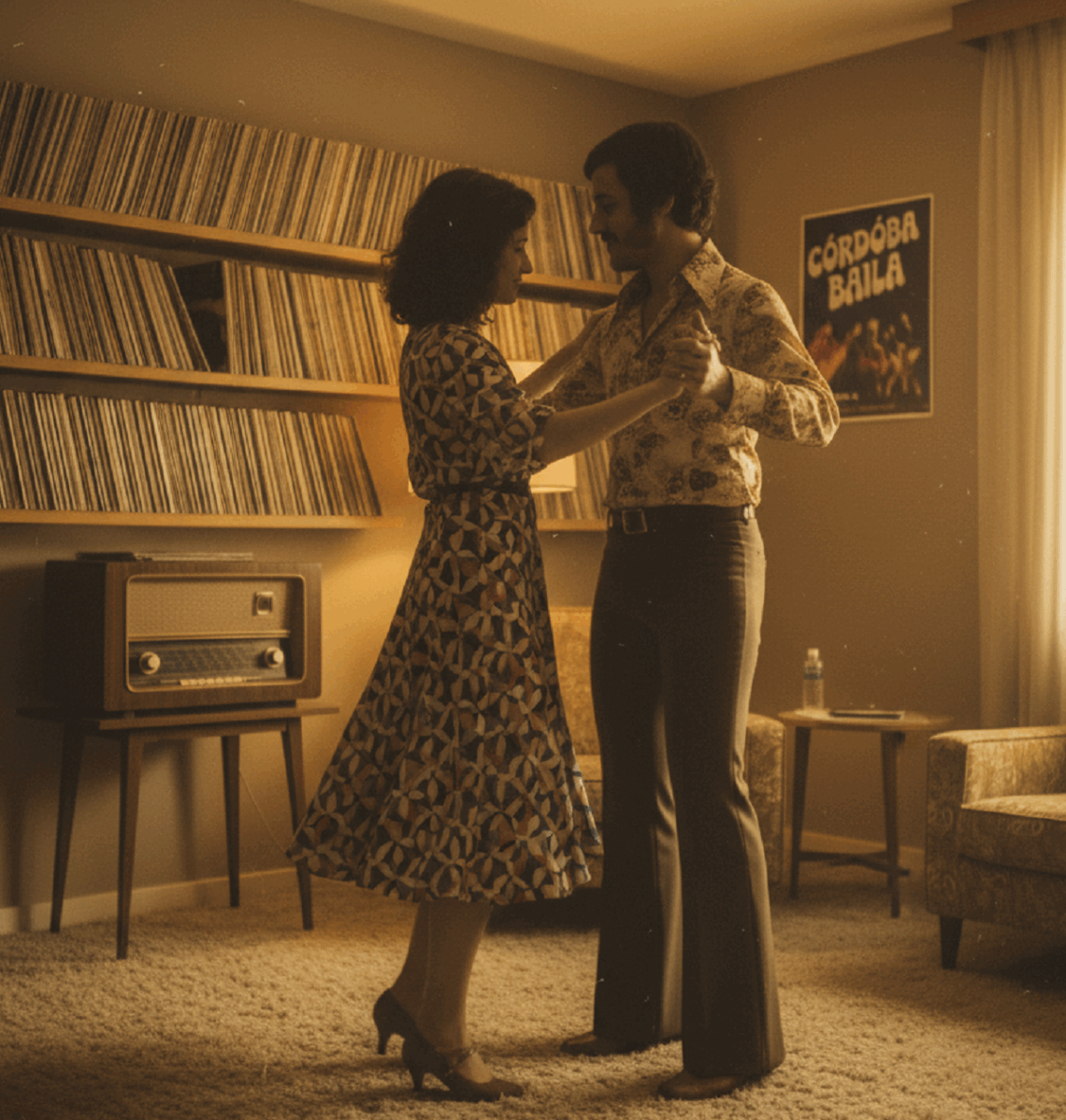Pareja bailando en salón retro con vinilos y radio antigua - Oldies FM 104.0 Córdoba